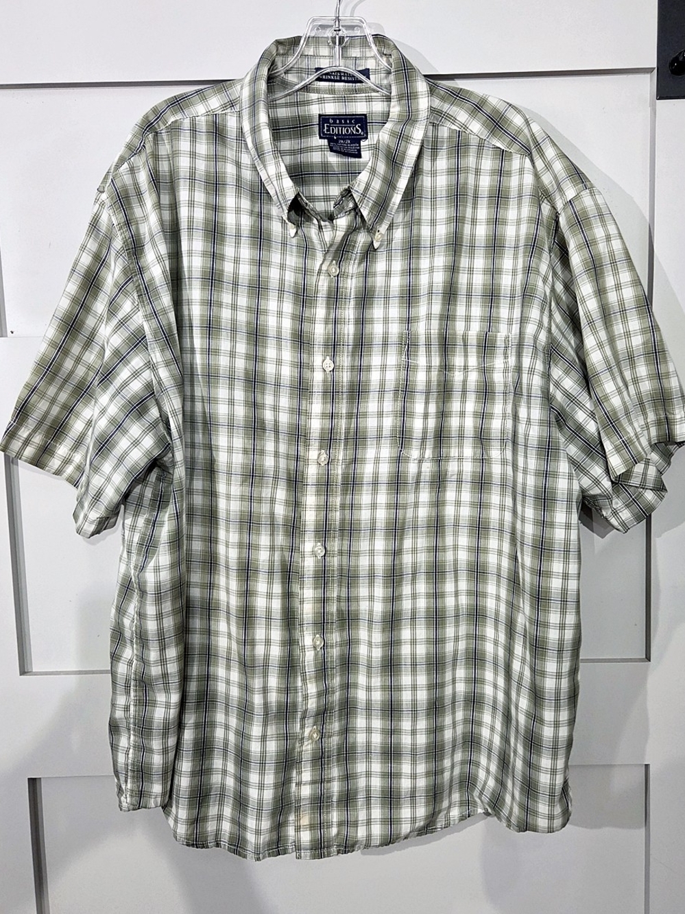 Basic Editions Men’s Olive and White Plaid Button-Down Shirt